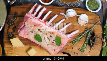 Top down view of ingredients for minted rack of lamb Stock Photo