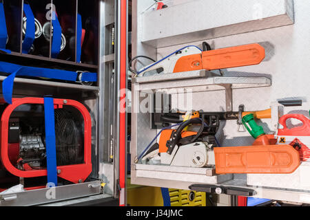 Fire truck interior view with tools Stock Photo