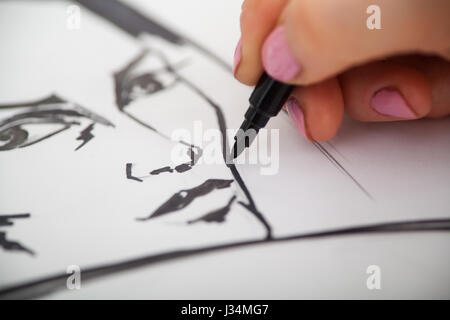 Closeup of drawing woman's portrait at the desk Stock Photo