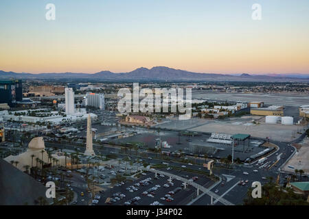 Las Vegas, APR 29: Superb sunset aerial view of Strip, Las Vegas and Casinos on APR 29, 2017 at Skyfall Loung, Mandaly Bay, Nevada Stock Photo