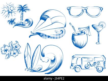 kite surfing. set of summer icons Stock Vector