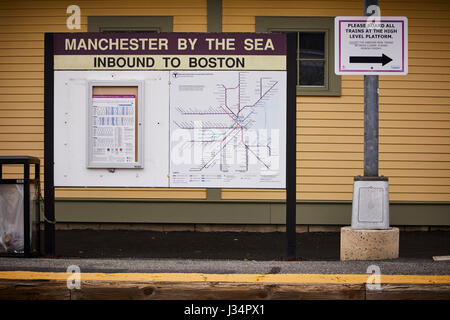 Sign map and timetable on the railroad station Manchester by the Sea, Boston, Massachusetts, United States, USA, Stock Photo