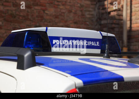 Polizia Municipale, police car in Italy, marking on the car roof, lettering. Polizia Municipale, Polizia Locale or Polizia Comunale is the civilian It Stock Photo