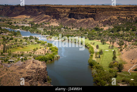 The snake river canyon of Twin falls, Idaho with its golf course and country club.Shot from the magic valley mall area. Stock Photo