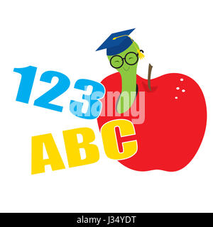 A worm wearing a mortar board and glasses is peeking out of an apple  Numbers and letters are included in the design Stock Photo