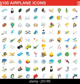 100 airplane icons set, isometric 3d style Stock Vector