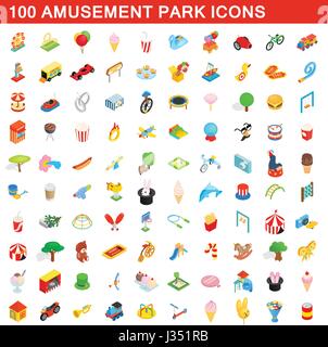 100 amusement park icons set, isometric 3d style Stock Vector