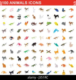 100 animals icons set, isometric 3d style Stock Vector