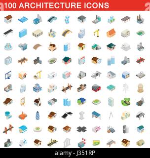100 architecture icons set, isometric 3d style Stock Vector