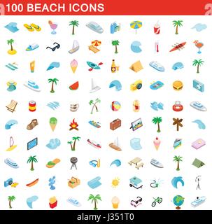 100 beach icons set, isometric 3d style Stock Vector