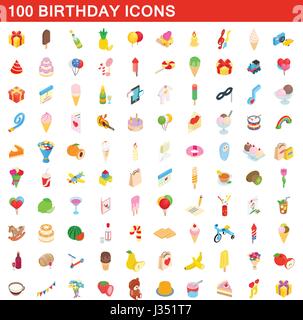 100 birthday icons set, isometric 3d style Stock Vector