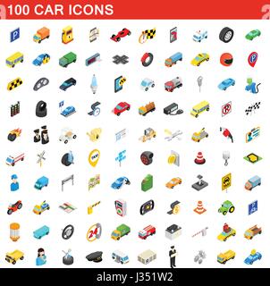 100 car icons set, isometric 3d style Stock Vector