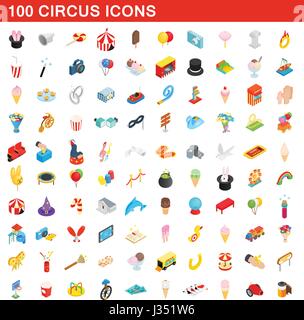 100 circus icons set, isometric 3d style Stock Vector