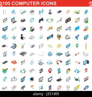 100 computer icons set, isometric 3d style Stock Vector