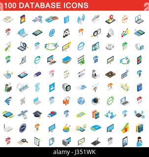 100 database icons set, isometric 3d style Stock Vector