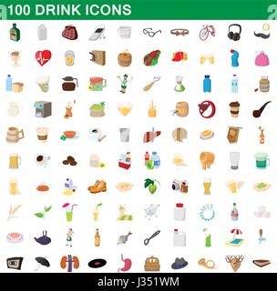 100 drink icons set, cartoon style Stock Vector