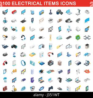 100 electrical items icons set, isometric 3d style Stock Vector