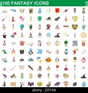 100 fantasy icons set, cartoon style Stock Vector