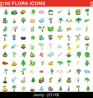 100 flora icons set, isometric 3d style Stock Vector