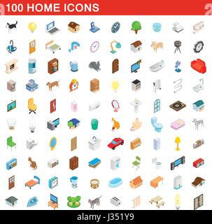 100 home icons set, isometric 3d style Stock Vector