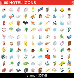 100 hotel icons set, isometric 3d style Stock Vector