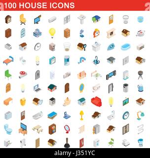 100 house icons set, isometric 3d style Stock Vector