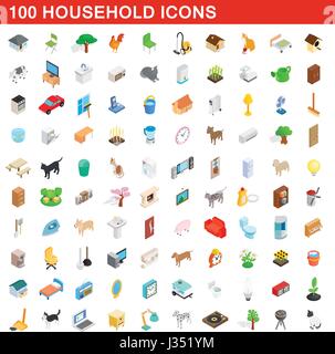 100 household icons set, isometric 3d style Stock Vector