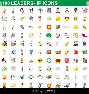100 leadership icons set, cartoon style Stock Vector