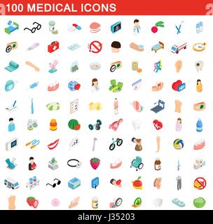 100 medical icons set, isometric 3d style Stock Vector