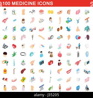 100 medicine icons set, isometric 3d style Stock Vector