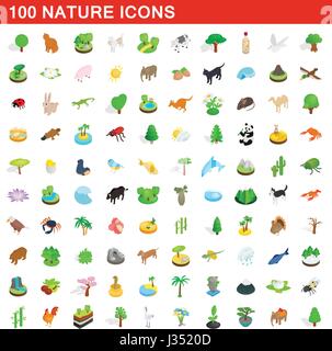 100 nature icons set, isometric 3d style Stock Vector