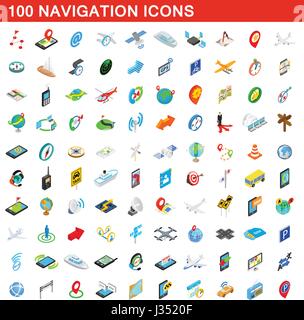 100 navigation icons set, isometric 3d style Stock Vector