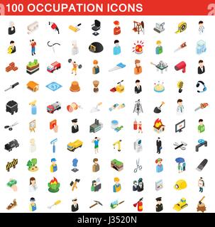 100 occupation icons set, isometric 3d style Stock Vector