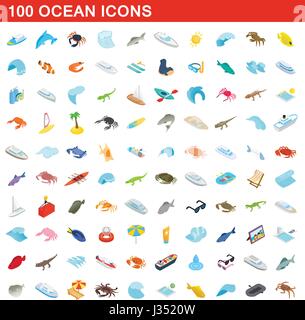 100 ocean icons set, isometric 3d style Stock Vector
