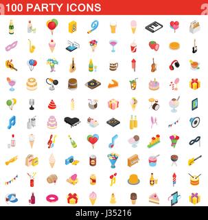 100 party icons set, isometric 3d style Stock Vector