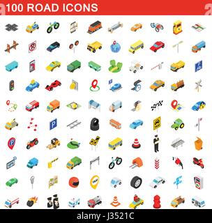 100 road icons set, isometric 3d style Stock Vector