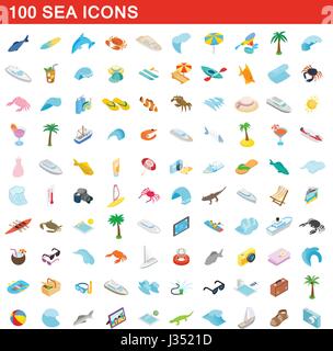 100 sea icons set, isometric 3d style Stock Vector