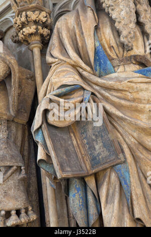 Moses holding the Ten Commandments depicted on the Well of Moses by Dutch Renaissance sculptor Claus Sluter in the Chartreuse de Champmol in Dijon, Burgundy, France. Stock Photo