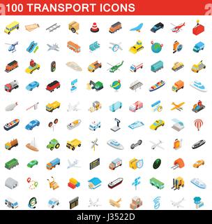100 transport icons set, isometric 3d style Stock Vector