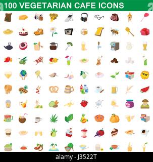100 vegetarian cafe icons set, cartoon style Stock Vector