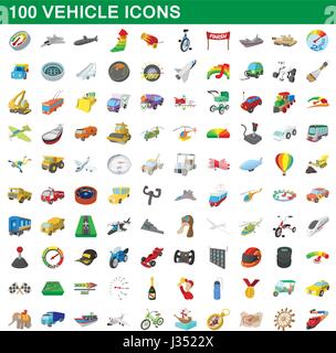 100 vehicle icons set, cartoon style Stock Vector