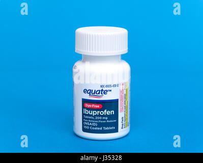Bottle of Equate, generic Ibuprofen, (dye-free) which is used to reduce inflammation and pain in the body. Stock Photo