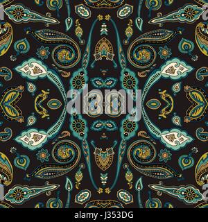 Seamless abstract geometric kaleidoscope paisley pattern. Traditional oriental ethnic ornament, on summer black background. Textile design. Stock Vector