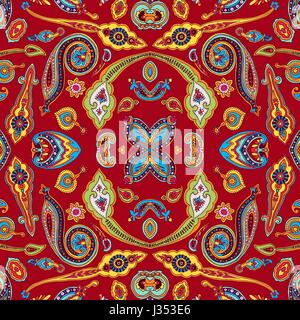 Seamless abstract geometric kaleidoscope paisley pattern. Traditional oriental ethnic ornament, on red background. Textile design. Stock Vector