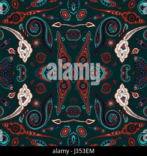 Seamless abstract geometric kaleidoscope paisley pattern. Traditional oriental ethnic ornament, on deep ocean background. Textile design. Stock Vector