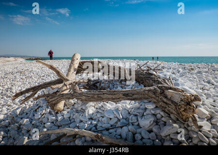 MARINA DI PISA, ITALY - Avril 24, 2017: View of the sea and the beach of white pebbles in Marina di Pisa Tuscany Stock Photo