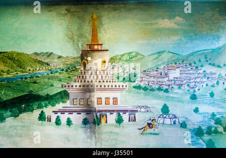 Damaged wall painting in Chonor House Hotel, McLeodGanj, Dharamshala, Himachal Pradesh, north India depicting traditional Tibetan town and buildings Stock Photo