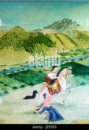 Wall painting, Chonor House Hotel, McLeodGanj, Dharamshala, Himachal Pradesh, north India depicting a Tibetan culture, a horseman and rearing horse Stock Photo