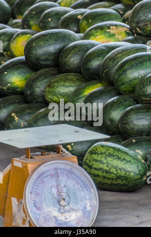 Watermelons sold on street market in Thailand  Stock Photo