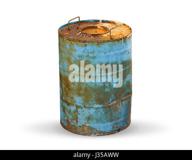 Chemical  waste. Old dirty metal barrel isolated on white background. Stock Photo